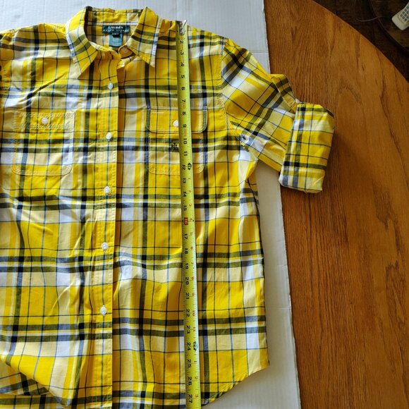 Lauren Ralph Lauren Yellow Blue Plaid Roll Tab Sleeve Button Up Blouse Large - Picture 11 of 14
